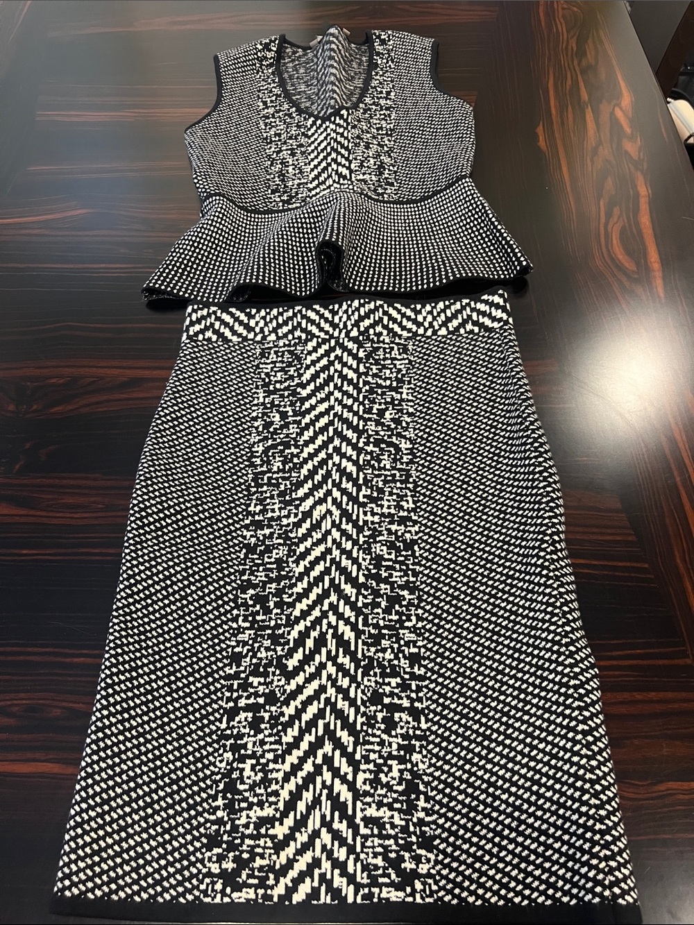 BCBGMaxAzria Black and White Knit Peplum Midi Dress